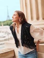 Black Knitted Open Stitch Fringe Waistcoat - Image 1 of 5