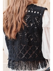 Black Knitted Open Stitch Fringe Waistcoat - Image 2 of 5