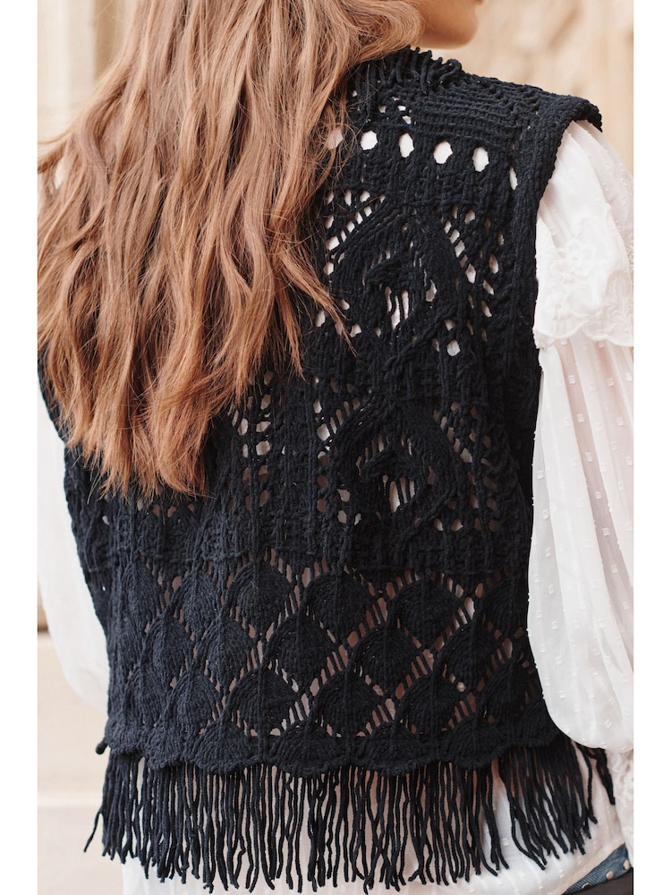 Black Knitted Open Stitch Fringe Waistcoat - Image 2 of 5
