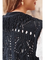 Black Knitted Open Stitch Fringe Waistcoat - Image 3 of 5