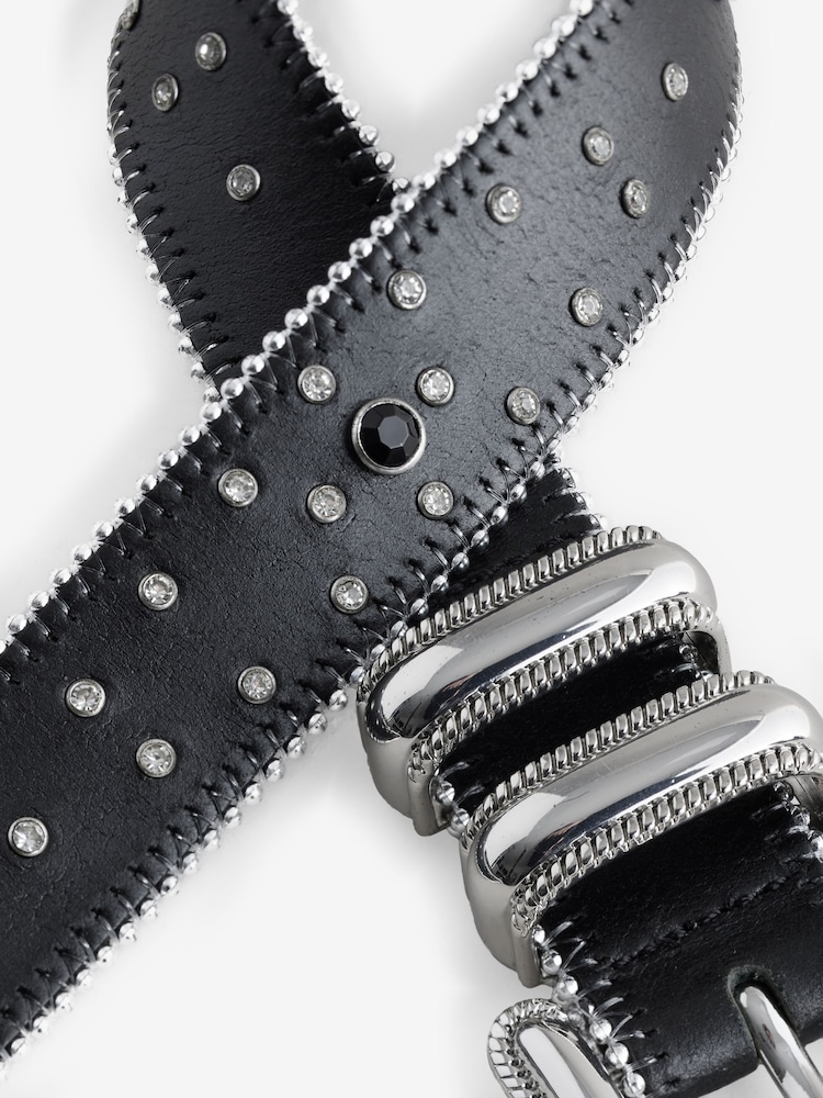 Black Diamante Studded Diamante Stud Western Regular Leather Belt - Image 7 of 7