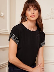 Love & Roses Black Sequin Cuff Jersey Top - Image 1 of 4