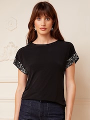 Love & Roses Black Sequin Cuff Jersey Top - Image 2 of 4