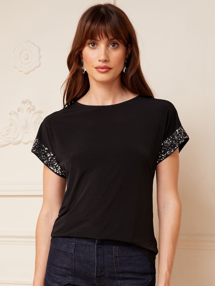 Love & Roses Black Sequin Cuff Jersey Top - Image 2 of 4