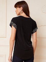 Love & Roses Black Sequin Cuff Jersey Top - Image 3 of 4