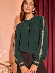 Love & Roses Dark Green Petite Crew Neck Sequin Trim Long Sleeve Blouse - Image 1 of 4