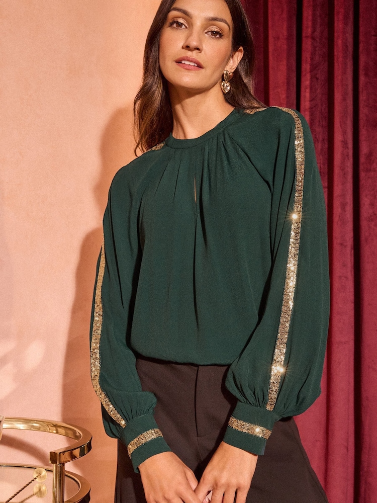Love & Roses Dark Green Petite Crew Neck Sequin Trim Long Sleeve Blouse - Image 1 of 4