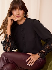 Love & Roses Black Petite Lace Cuff Crew Neck Blouse - Image 1 of 4
