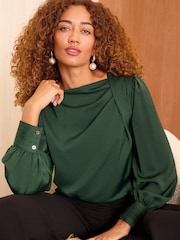 Love & Roses Green Satin Cowl Neck Long Sleeve Blouse - Image 1 of 4