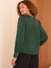Love & Roses Green Satin Cowl Neck Long Sleeve Blouse - Image 4 of 4