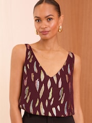 Love & Roses Burgundy Metallic V Neck V Back Woven Vest - Image 1 of 4
