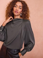 Love & Roses Grey Satin Cowl Neck Long Sleeve Blouse - Image 2 of 4