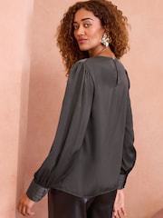Love & Roses Grey Satin Cowl Neck Long Sleeve Blouse - Image 4 of 4