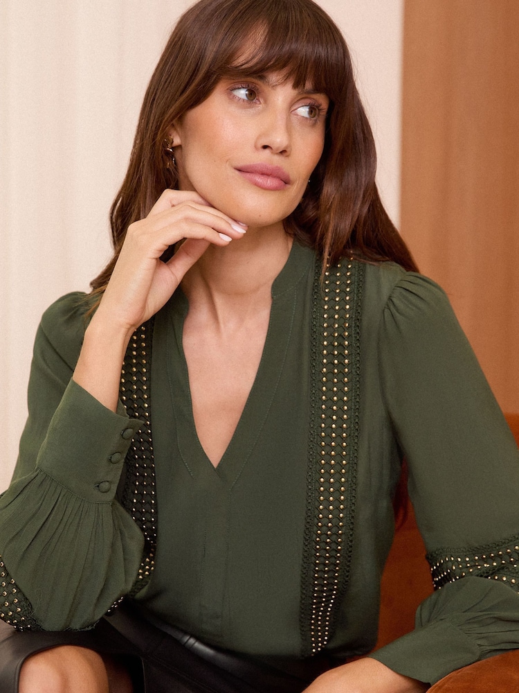 Love & Roses Khaki Green Petite V Neck Hardware Detail Blouse - Image 2 of 4