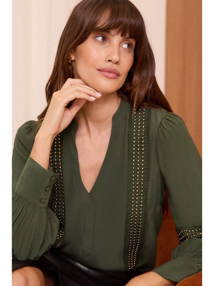 Love & Roses Khaki Green Petite V Neck Hardware Detail Blouse - Image 2 of 4 Love & Roses Khaki Green Petite V Neck Hardware Detail Blouse - Image 2 of 4