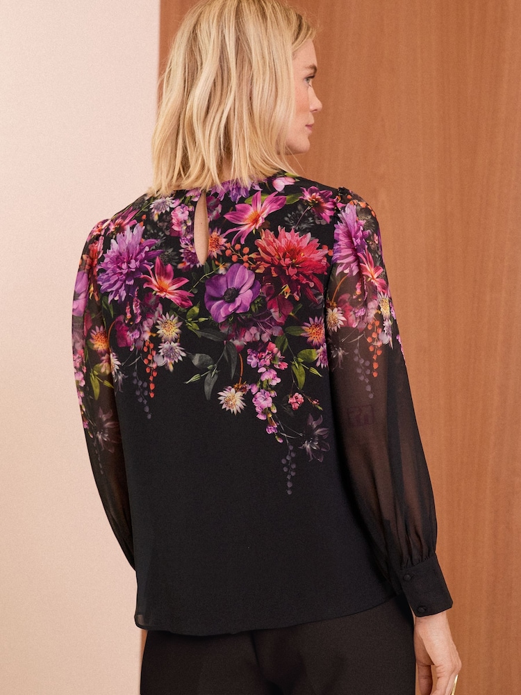 Love & Roses Black Floral Printed Crew Neck Blouse - Image 2 of 4