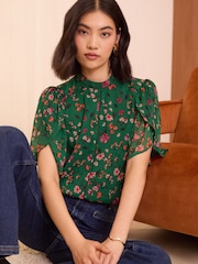 Love & Roses Green Floral Petite Printed Chiffon Tulip Sleeve Blouse - Image 1 of 4