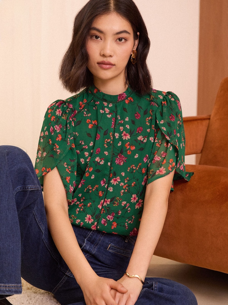 Love & Roses Green Floral Petite Printed Chiffon Tulip Sleeve Blouse - Image 1 of 4