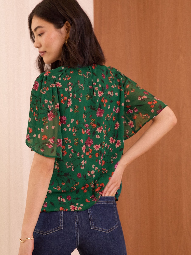 Love & Roses Green Floral Petite Printed Chiffon Tulip Sleeve Blouse - Image 2 of 4