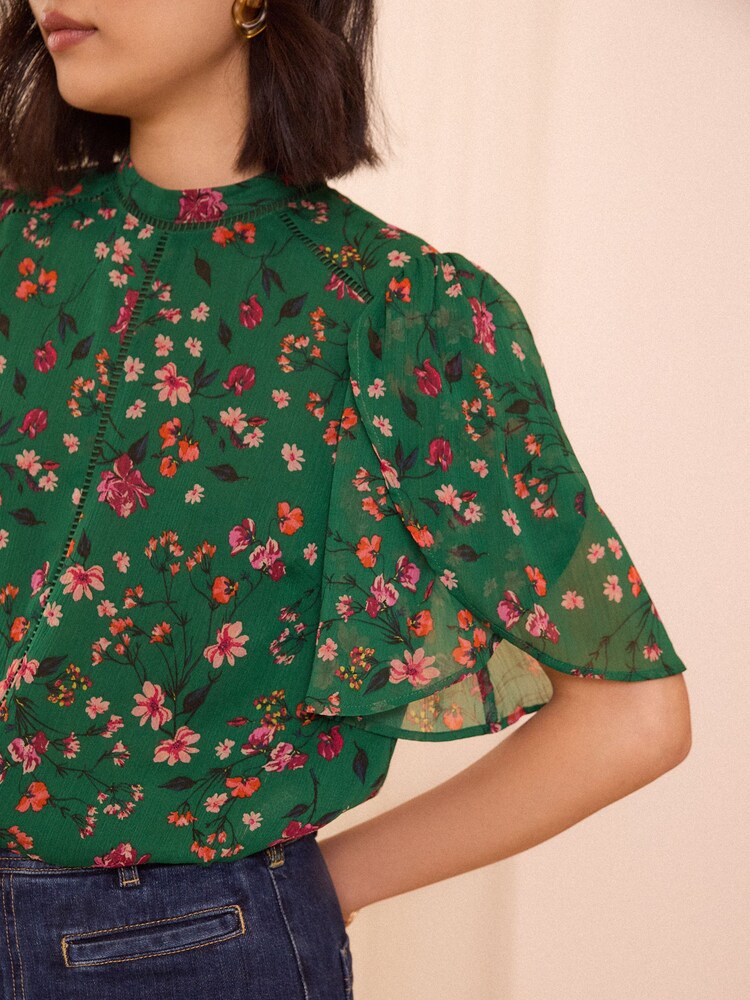 Love & Roses Green Floral Petite Printed Chiffon Tulip Sleeve Blouse - Image 4 of 4