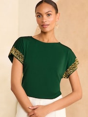 Love & Roses Green With Gold Sequin Cuff Jersey Top - Image 1 of 4