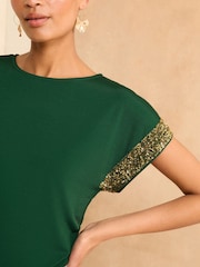 Love & Roses Green With Gold Sequin Cuff Jersey Top - Image 2 of 4