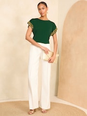 Love & Roses Green With Gold Sequin Cuff Jersey Top - Image 3 of 4