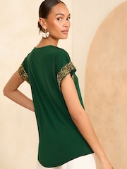 Love & Roses Green With Gold Sequin Cuff Jersey Top - Image 4 of 4