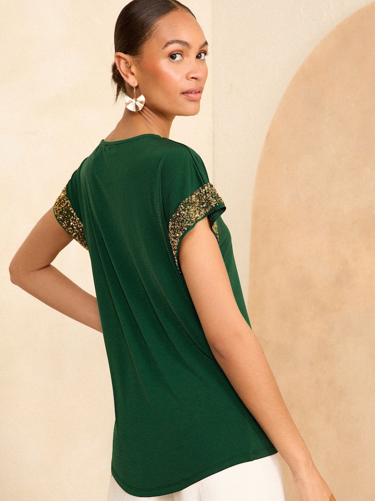 Love & Roses Green With Gold Sequin Cuff Jersey Top - Image 4 of 4