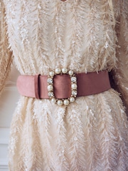 Dusty Pink Statement Buckle Velvet Wide Belt - Image 3 of 7