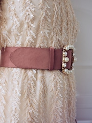 Dusty Pink Statement Buckle Velvet Wide Belt - Image 4 of 7