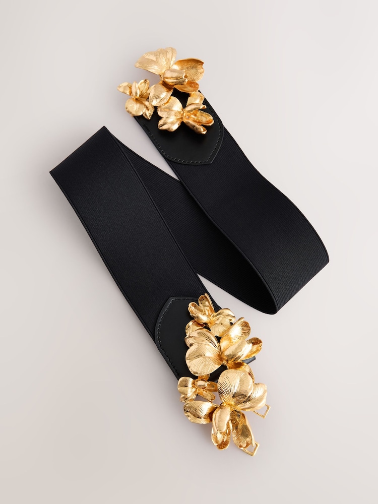 Black/Gold Flower Buckle Wide Elasticated Belt - Image 7 of 7