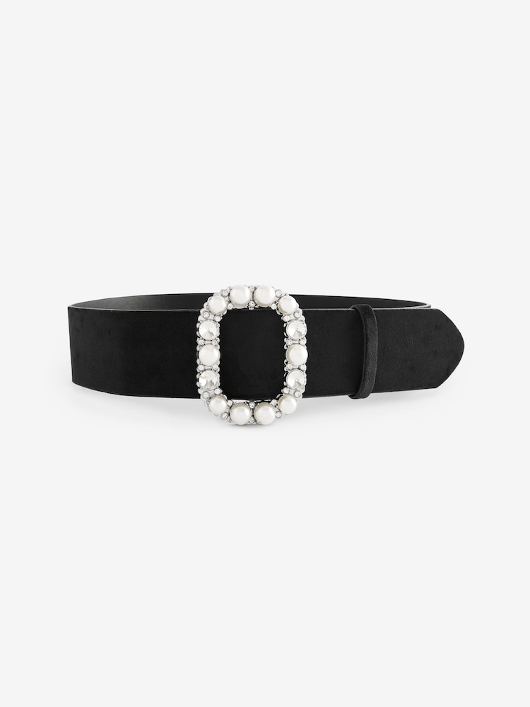 Black Statement Buckle Velvet Wide Belt - Image 1 of 2