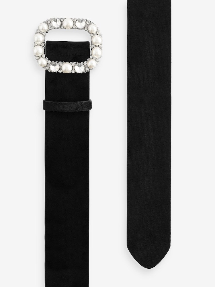 Black Statement Buckle Velvet Wide Belt - Image 2 of 2