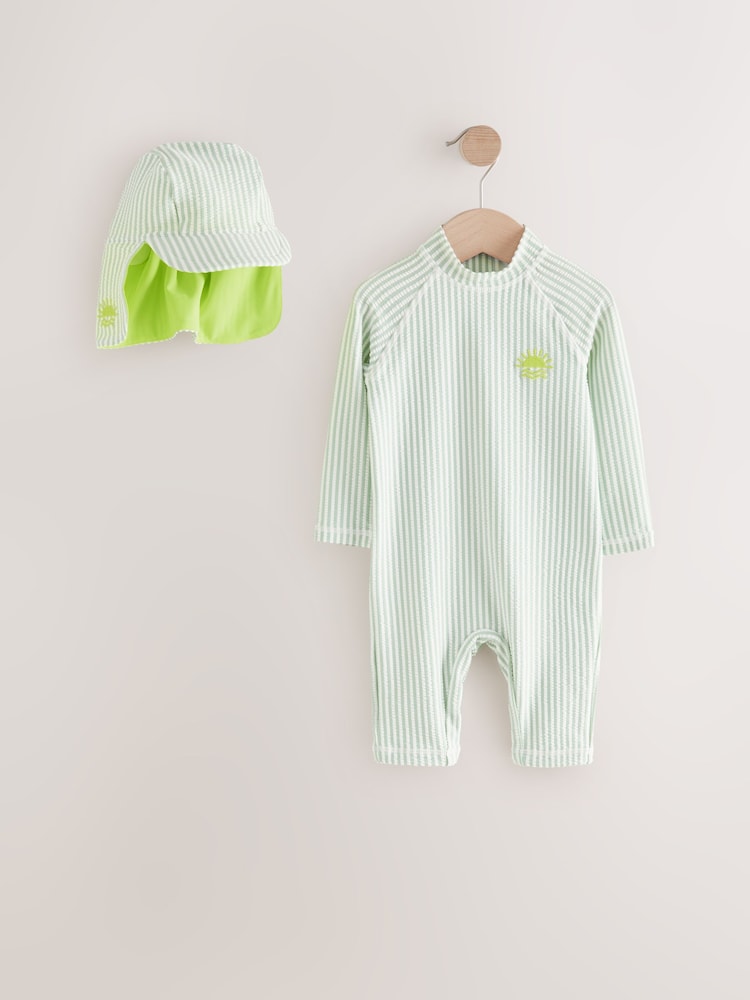 Green Stripe Sunsafe Swimsuit and Hat Set (3mths-7yrs) - Image 1 of 1