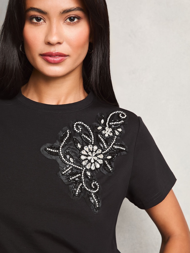 Lipsy Black Floral Embellished T-Shirt - Image 1 of 4