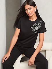 Lipsy Black Floral Embellished T-Shirt - Image 2 of 4