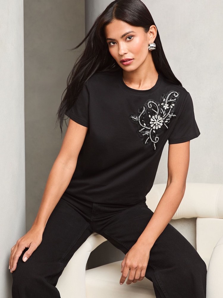 Lipsy Black Floral Embellished T-Shirt - Image 2 of 4 Lipsy Black Floral Embellished T-Shirt - Image 2 of 4
