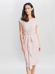 Gina Bacconi Theodora Spot Print Satin Nude Dress With Buckle - Image 1 of 4
