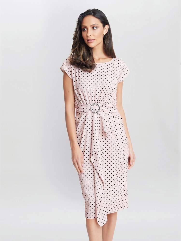 Gina Bacconi Theodora Spot Print Satin Nude Dress With Buckle - Image 1 of 4