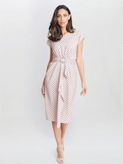 Gina Bacconi Theodora Spot Print Satin Nude Dress With Buckle - Image 2 of 4