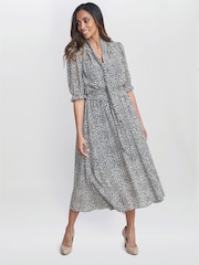 Gina Bacconi Animal Print Mimi Godet Pussy Bow Dress - Image 1 of 5