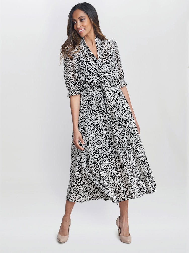Gina Bacconi Animal Print Mimi Godet Pussy Bow Dress - Image 1 of 5