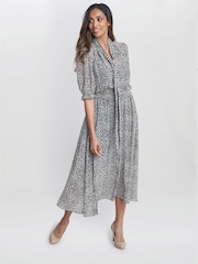 Gina Bacconi Animal Print Mimi Godet Pussy Bow Dress - Image 3 of 5