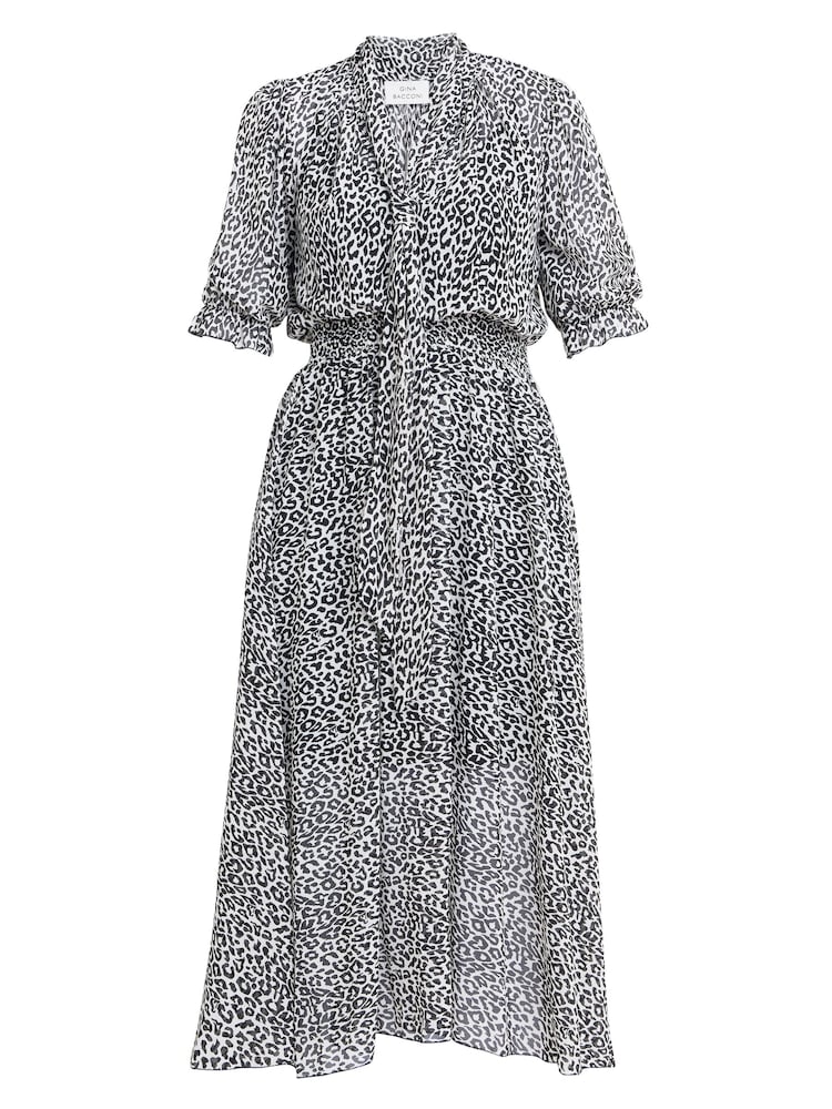 Gina Bacconi Animal Print Mimi Godet Pussy Bow Dress - Image 5 of 5