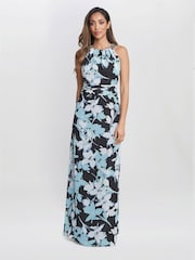 Gina Bacconi Irina Printed Halter Neck Maxi Black Dress With Embellished Neckline - Image 1 of 6