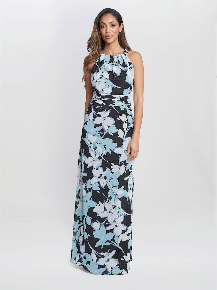 Gina Bacconi Irina Printed Halter Neck Maxi Black Dress With Embellished Neckline - Image 1 of 6