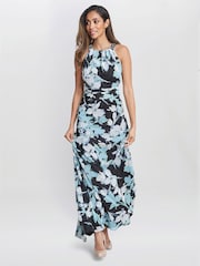 Gina Bacconi Irina Printed Halter Neck Maxi Black Dress With Embellished Neckline - Image 3 of 6