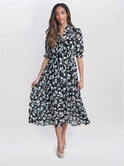 Gina Bacconi Mimi Godet Pussy Bow Black Dress - Image 3 of 5