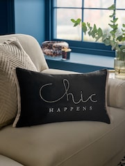 Black Chic Happens Velvet Embellished Slogan Cushion - Image 1 of 5